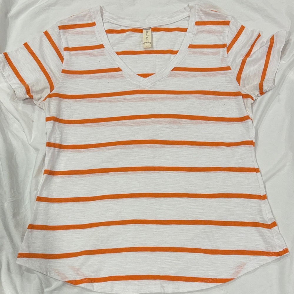 Altar'd State Orange and White Striped V-Neck Tee